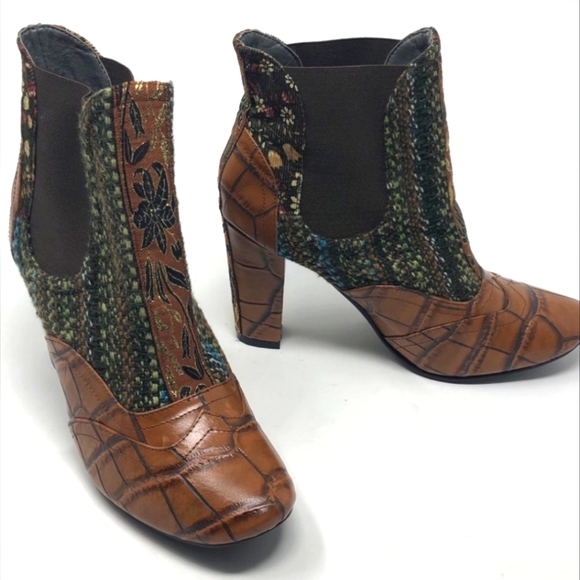 Croc Leather Tweed Brocade Boho Ankle Boots - Tracy Porter Anthropologie 6 - Picture 2 of 6